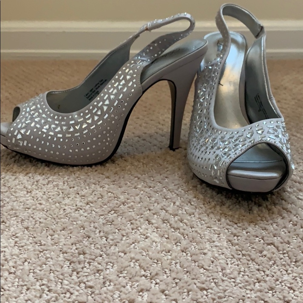 Silver satin peep toe heels with studded detail